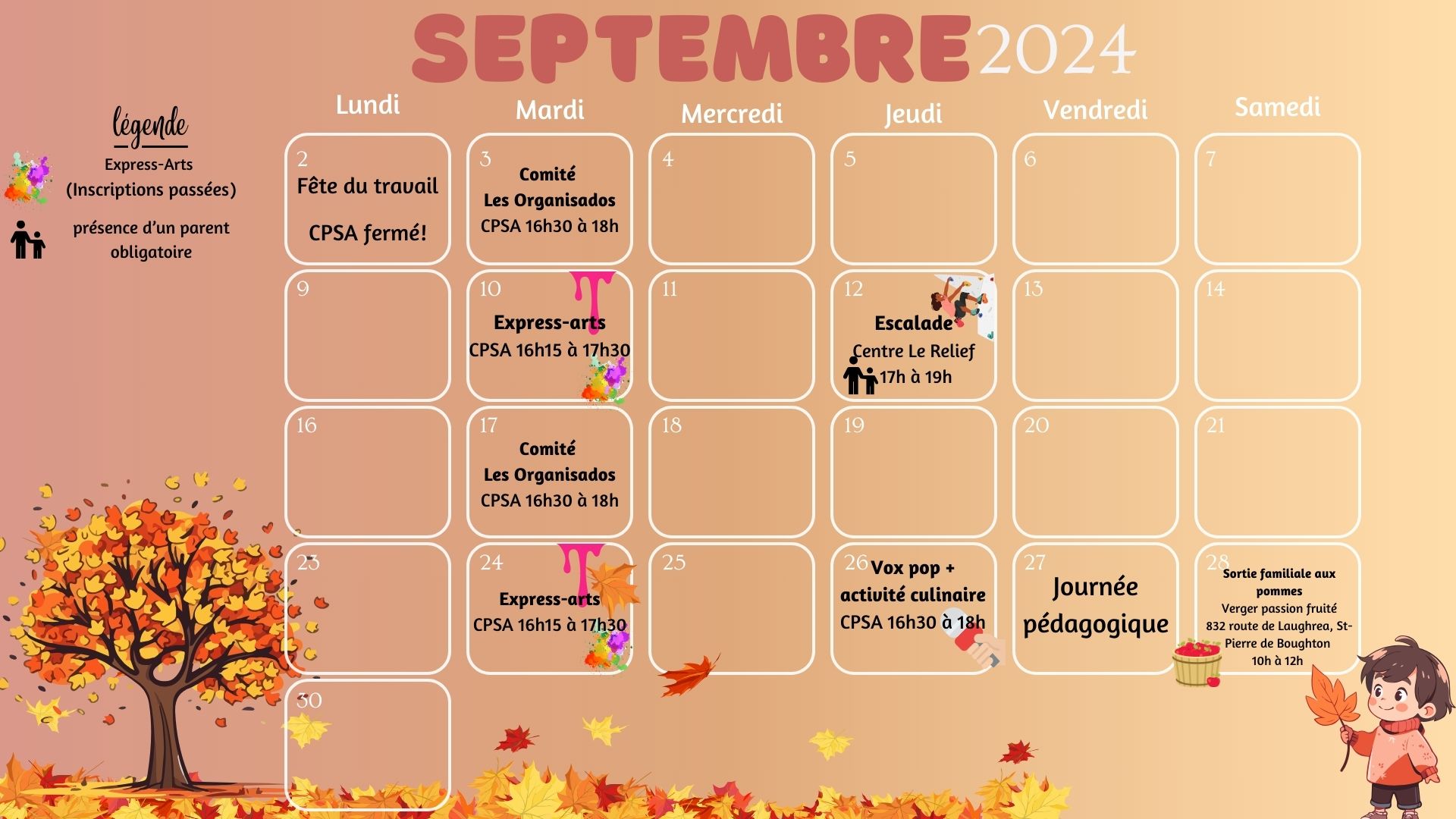 Calendrier d'activités septembre 2024