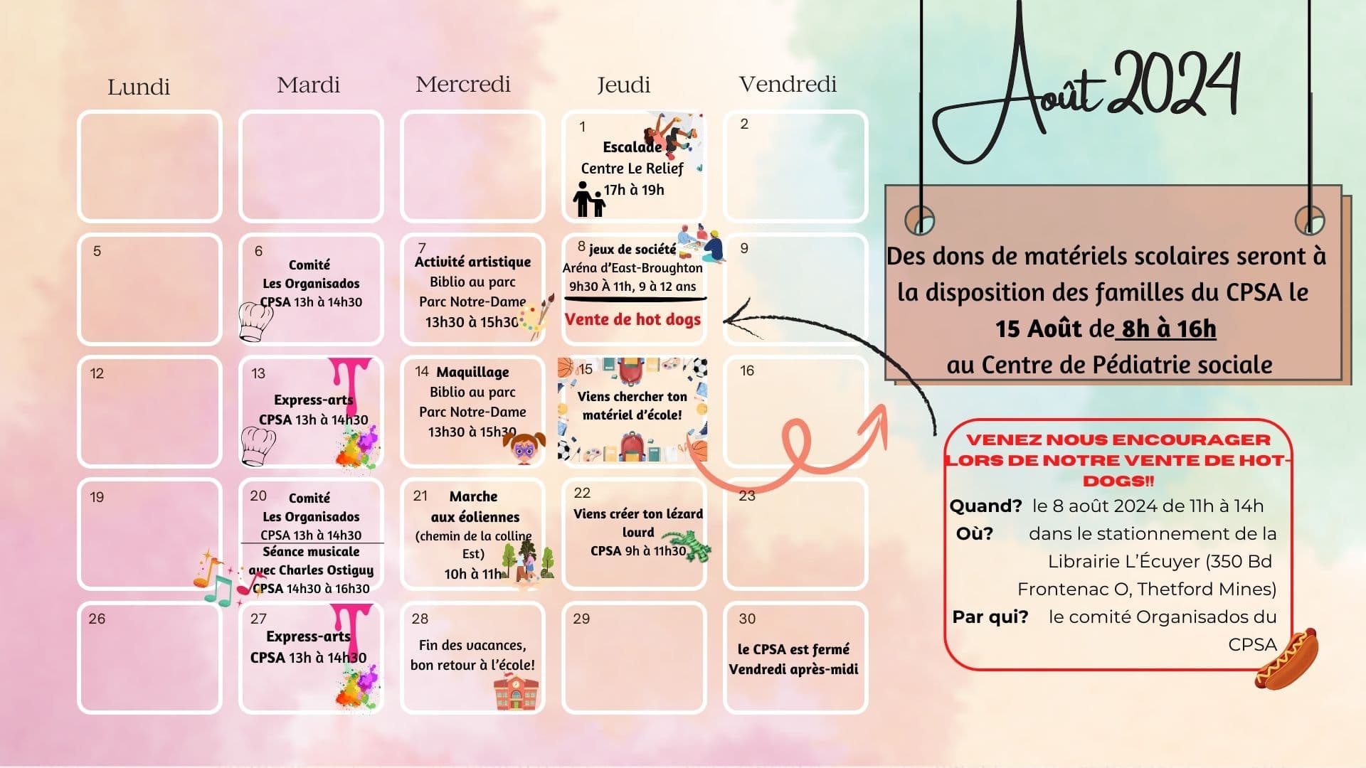 Calendrier d'activités août 2024