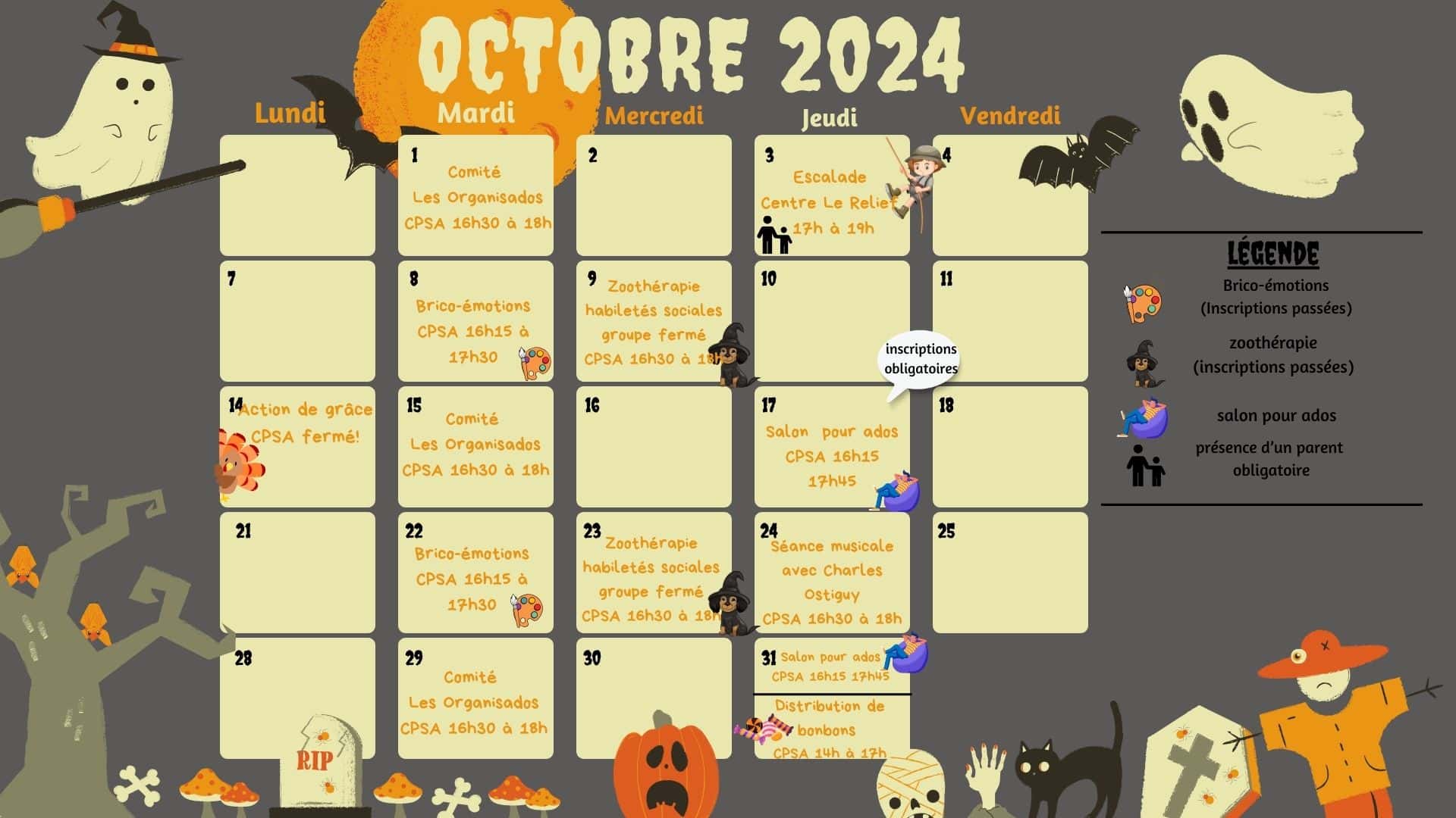 Calendrier d'activités octobre 2024